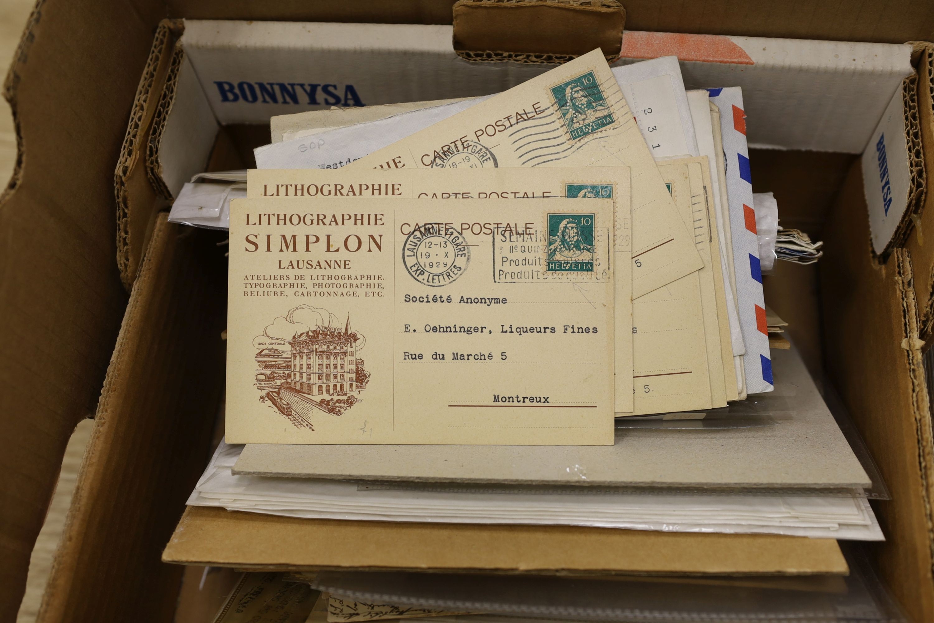 Switzerland postal history collection in album plus loose in boxes from pre stamp to modern with postmark interest, WWI, military, Red Cross, POW mail, postal stationery, post cards, mail to Switzerland (2 boxes)